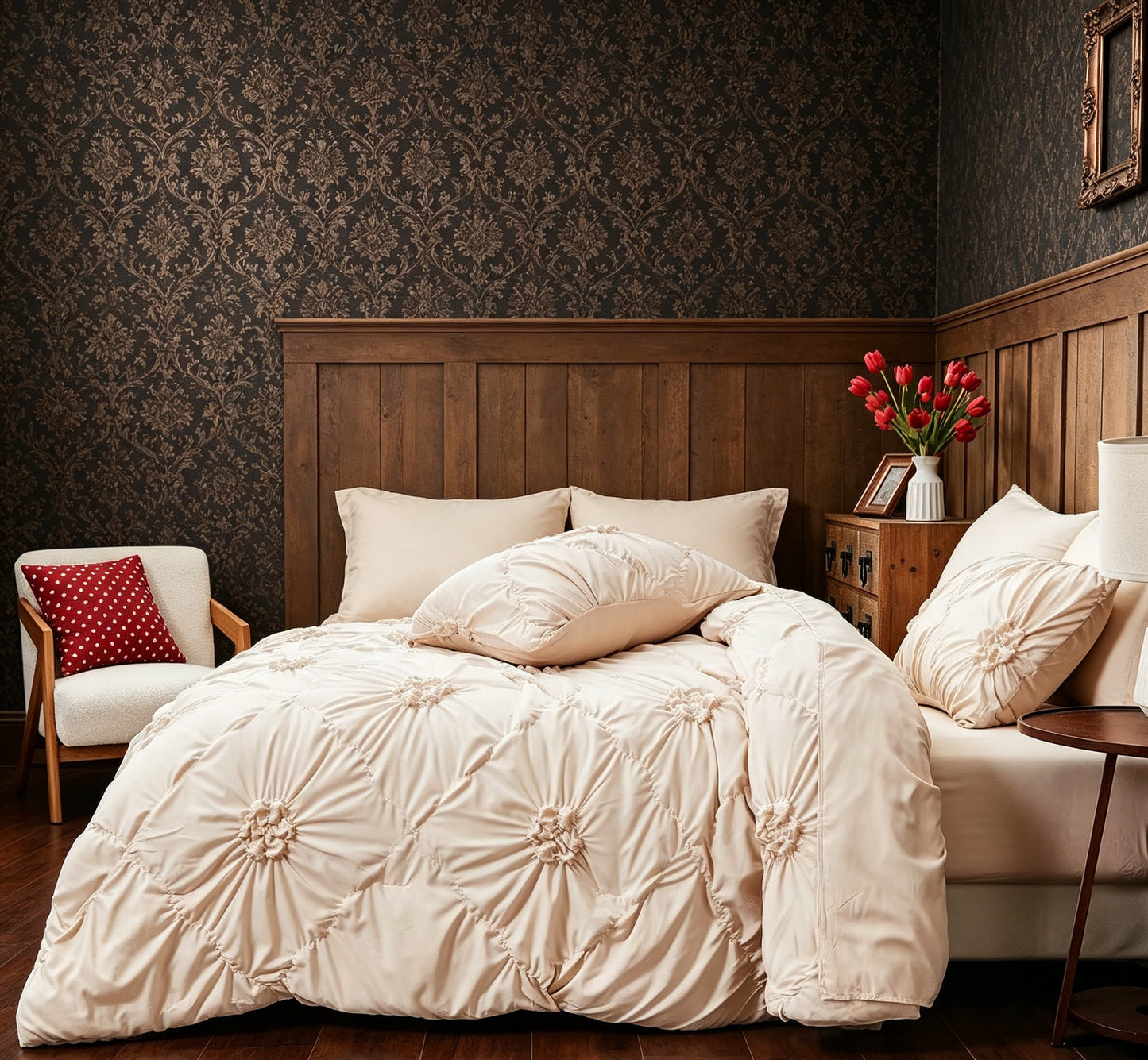 Queen 7-Piece Pinch Pleat Ruched Flowers Bed in a Bag