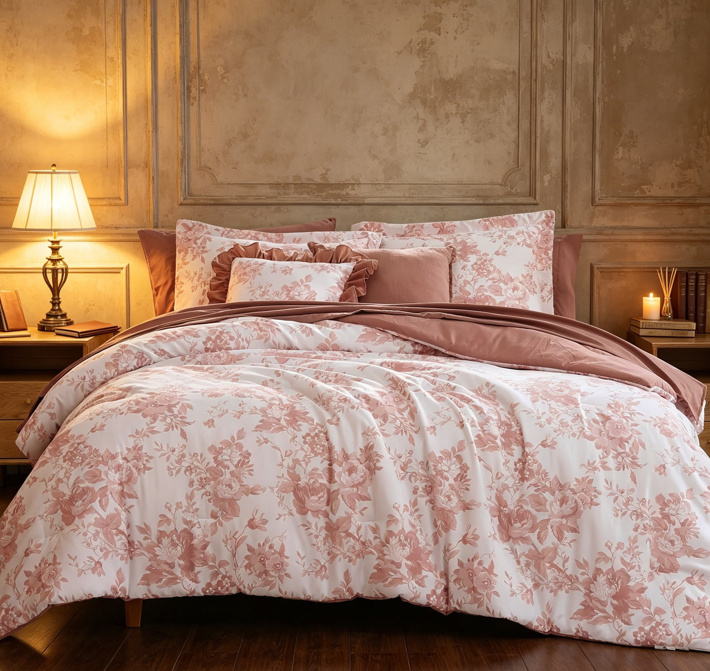 Queen 7-Piece Pink Floral All Season Bed in a Bag