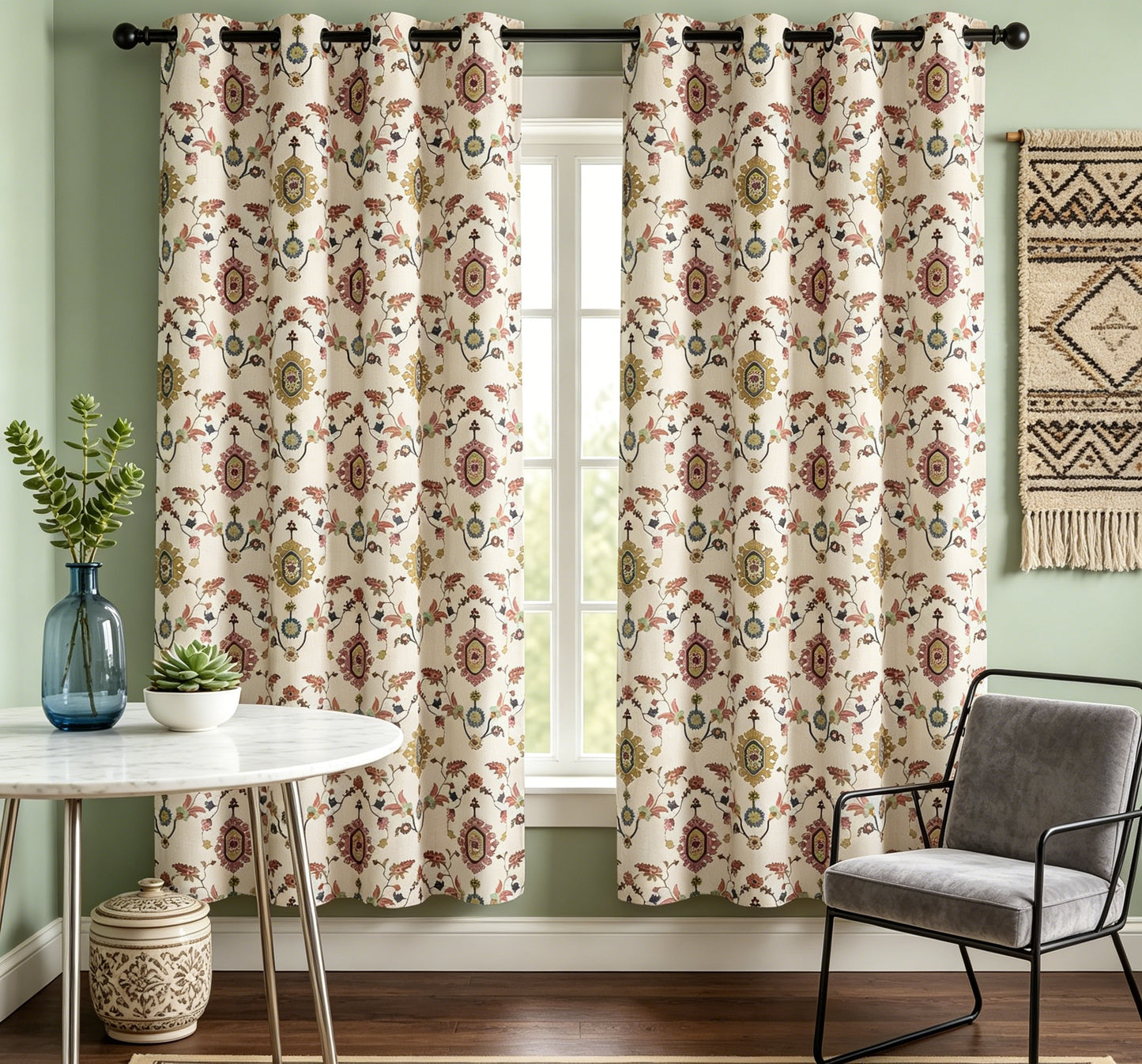 Floral Blackout Curtains – Beige Linen Vintage, 2 Panels, Grommet Top