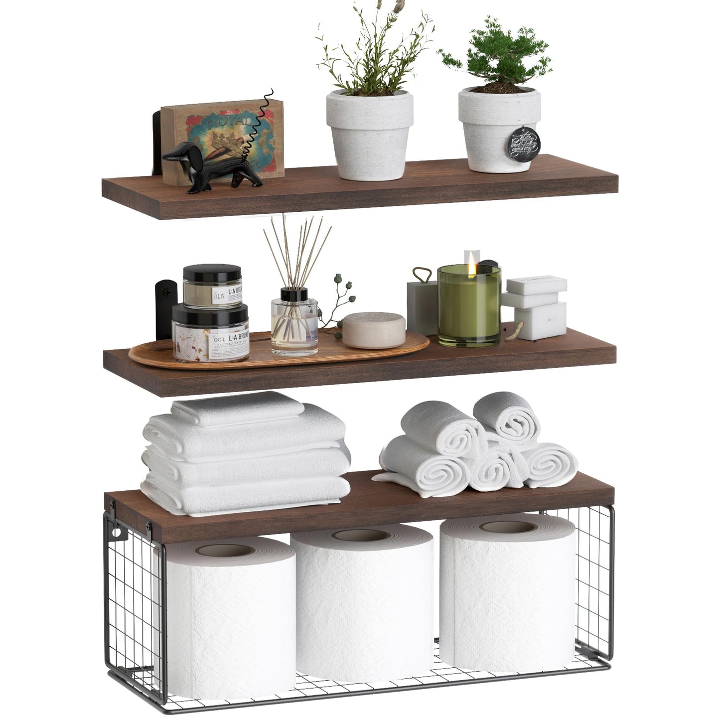 Bathroom Shelf Over Toilet, Floating Bathroom Shelf Wall Mounted with Wire Basket