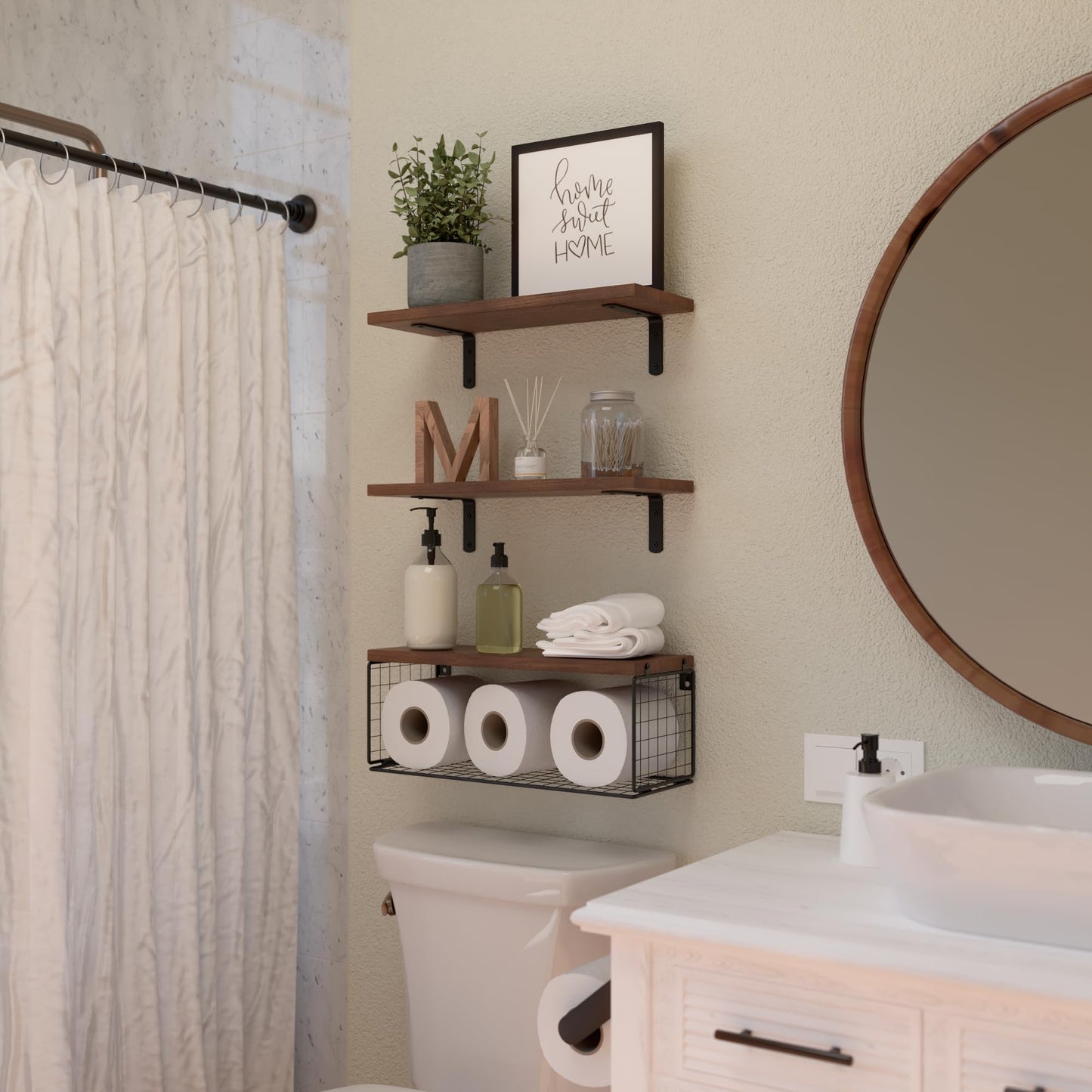 Bathroom Shelf Over Toilet, Floating Bathroom Shelf Wall Mounted with Wire Basket