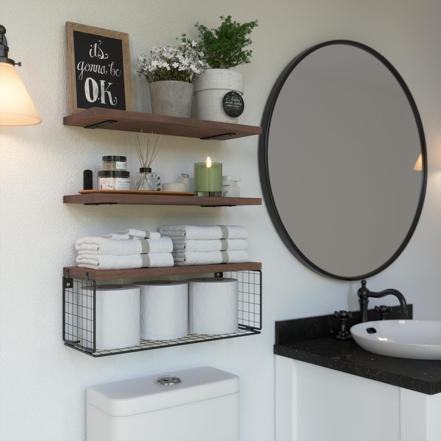Bathroom Shelf Over Toilet, Floating Bathroom Shelf Wall Mounted with Wire Basket